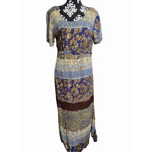 Sacred Threads Boho Patchwork Maxi Dress M/L Rayon Floral Striped Short Sleeve